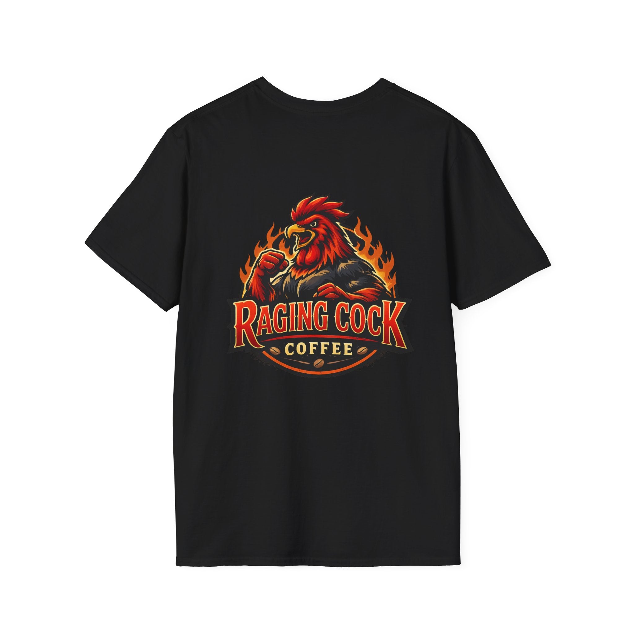 Raging Cock Coffee T-Shirt - Fiery Rooster Logo Coffee Lover Tee