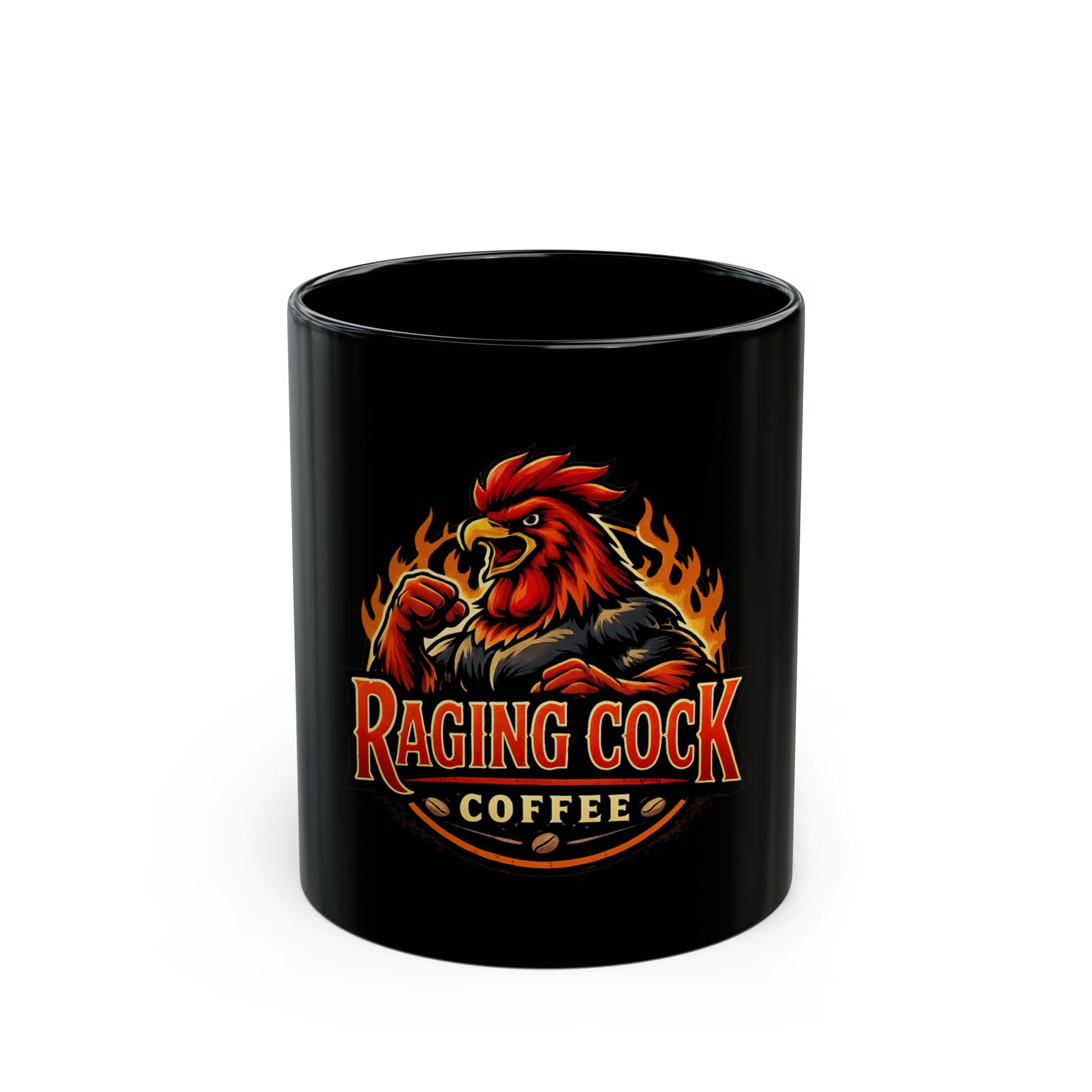 Raging Cock Coffee Mug — Bold Rooster Roast Black Ceramic Mug (11oz & 15oz)