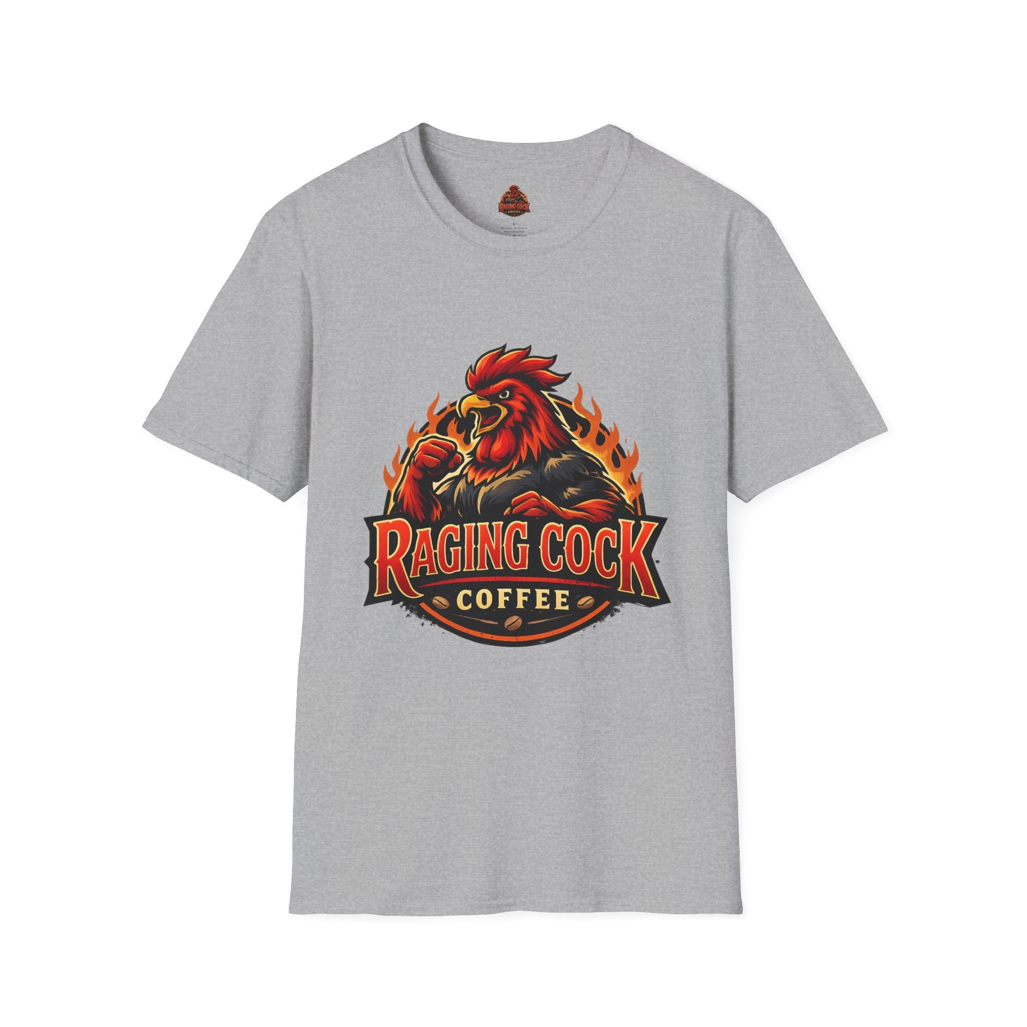 Raging Cock Coffee T-Shirt - Fiery Rooster Logo Coffee Lover Tee