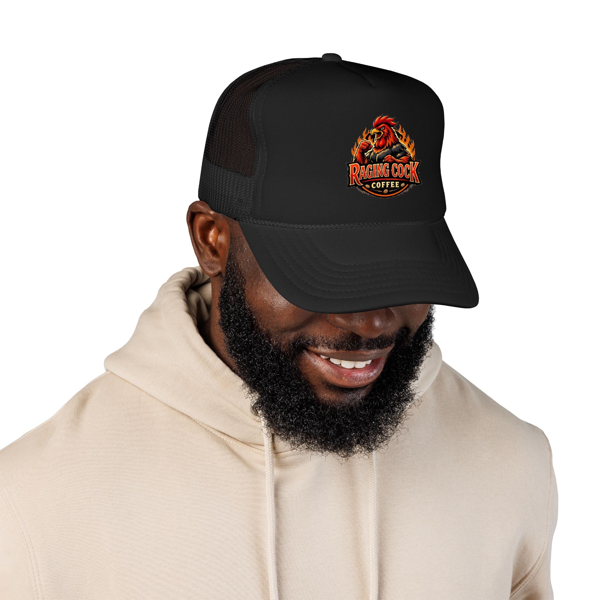 Raging Cock Coffee Trucker Hat — Vintage Rooster Café Logo Foam Cap