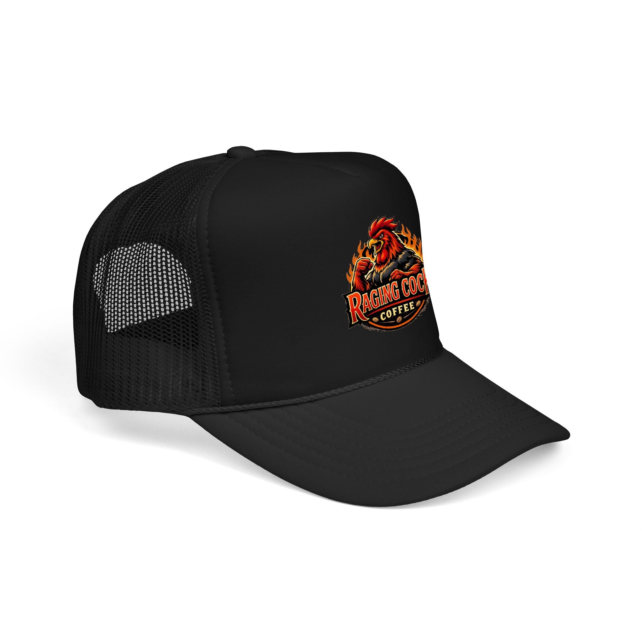Raging Cock Coffee Trucker Hat — Vintage Rooster Café Logo Foam Cap