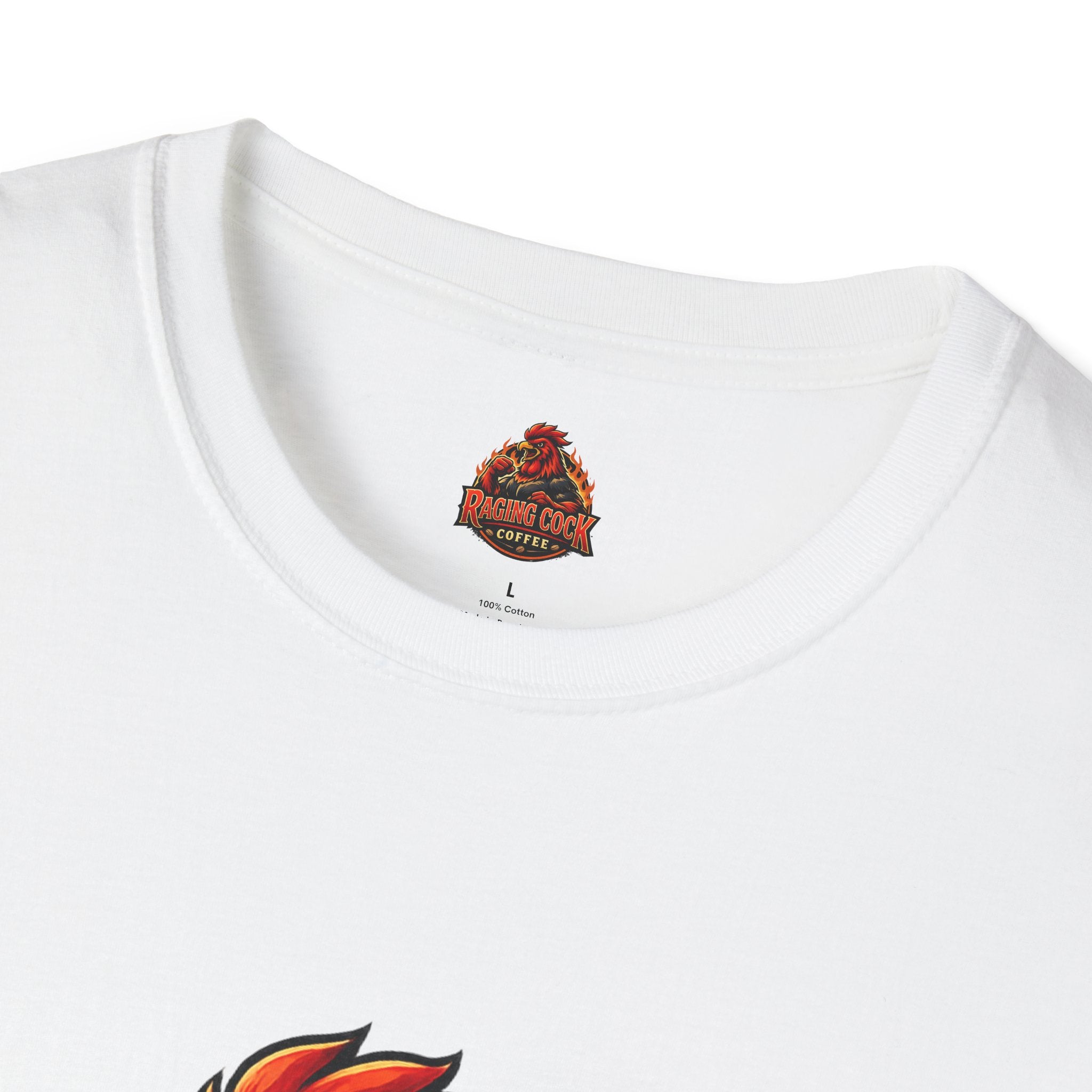 Raging Cock Coffee T-Shirt - Fiery Rooster Logo Coffee Lover Tee