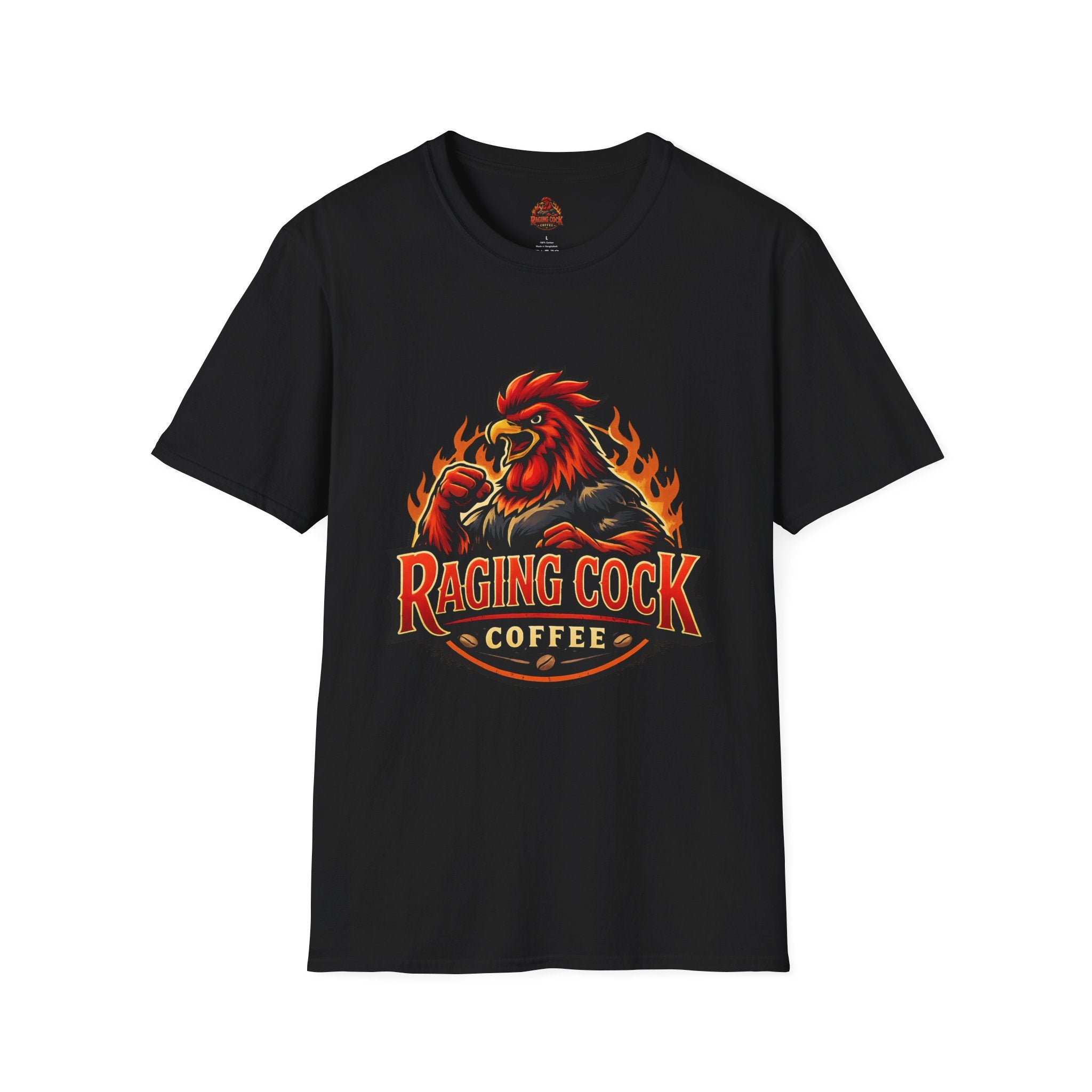Raging Cock Coffee T-Shirt - Fiery Rooster Logo Coffee Lover Tee