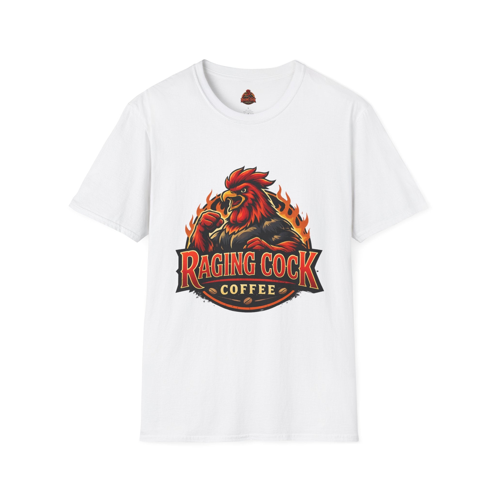 Raging Cock Coffee T-Shirt - Fiery Rooster Logo Coffee Lover Tee