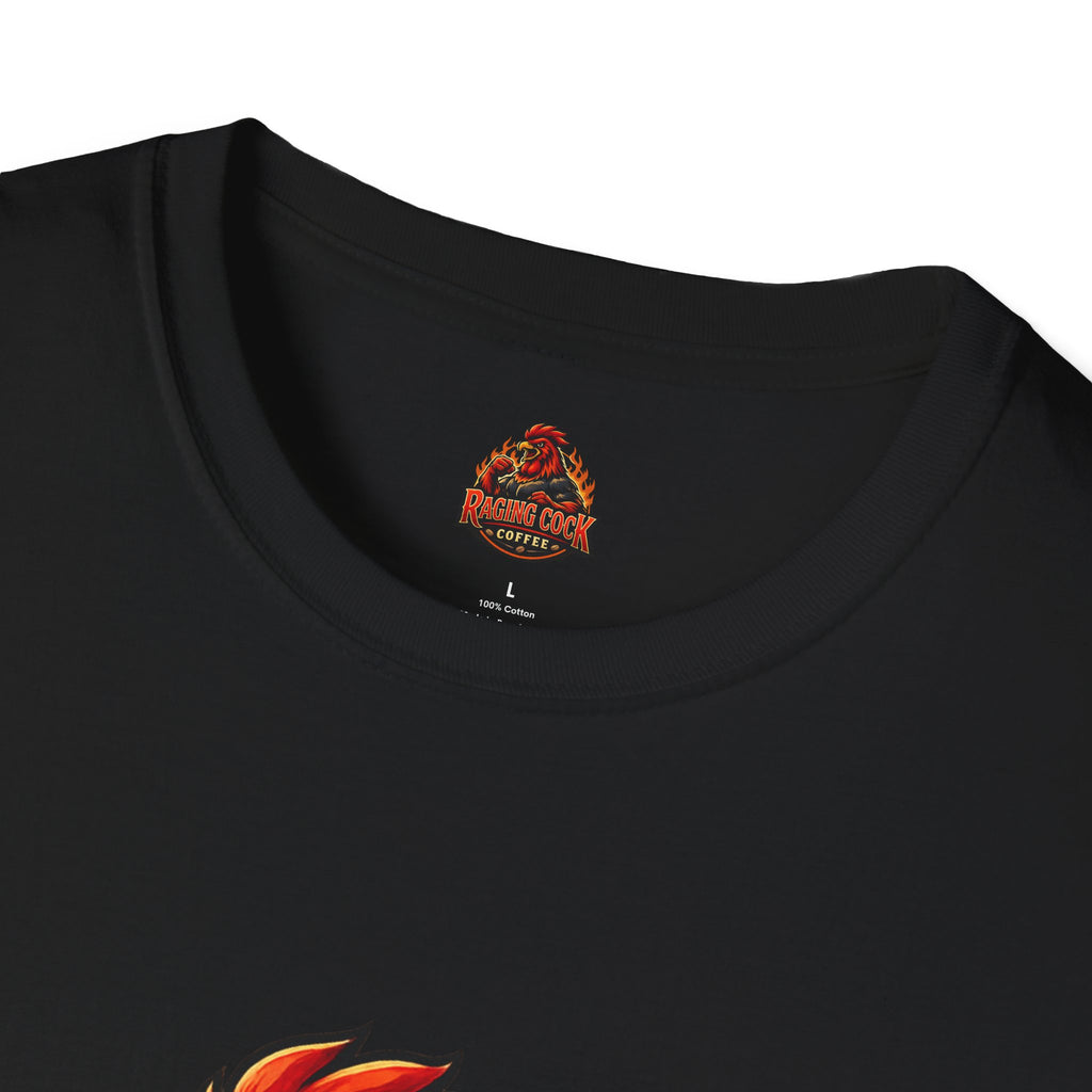 Raging Cock Coffee T-Shirt - Fiery Rooster Logo Coffee Lover Tee