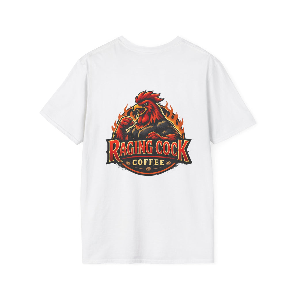 Raging Cock Coffee T-Shirt - Fiery Rooster Logo Coffee Lover Tee