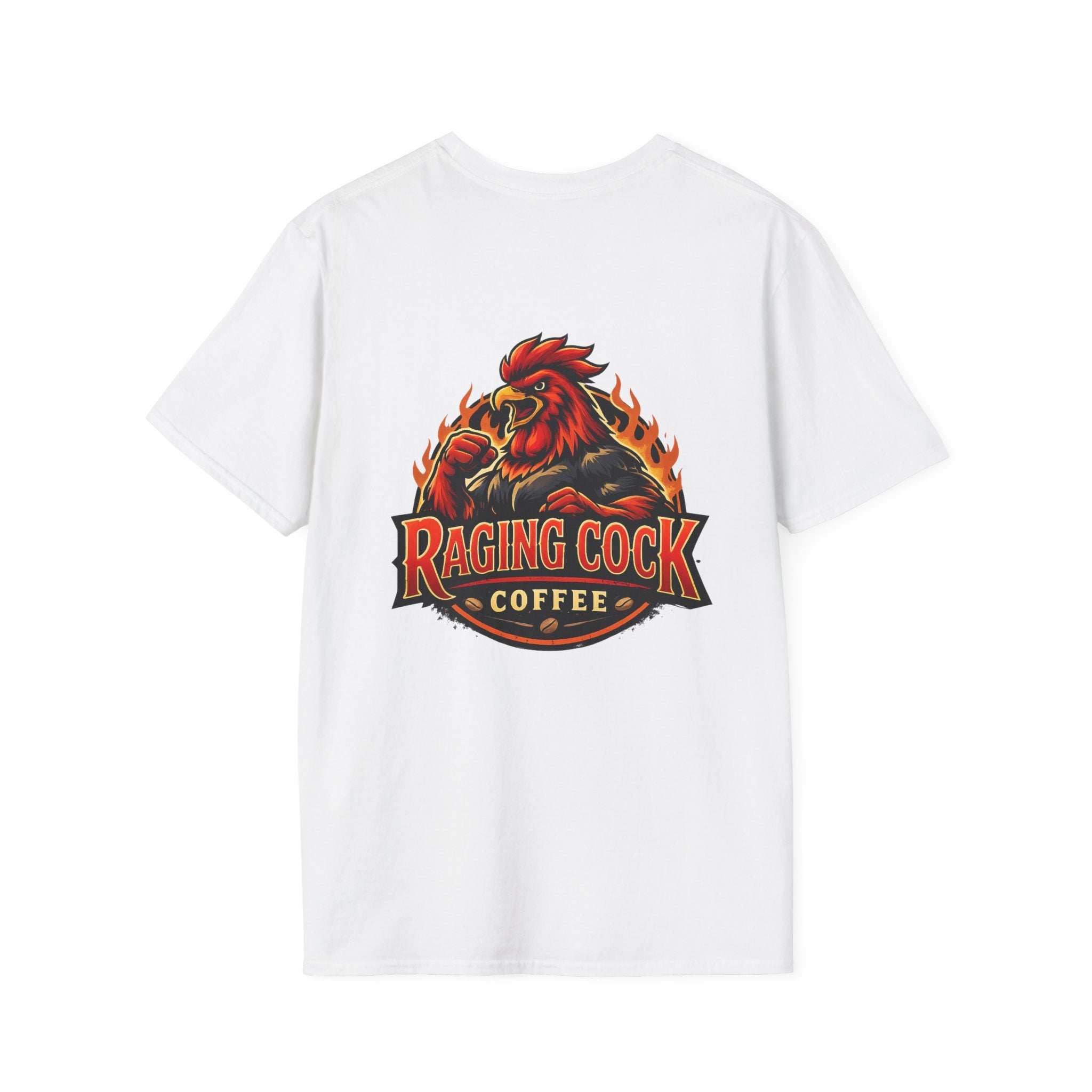 Raging Cock Coffee T-Shirt - Fiery Rooster Logo Coffee Lover Tee