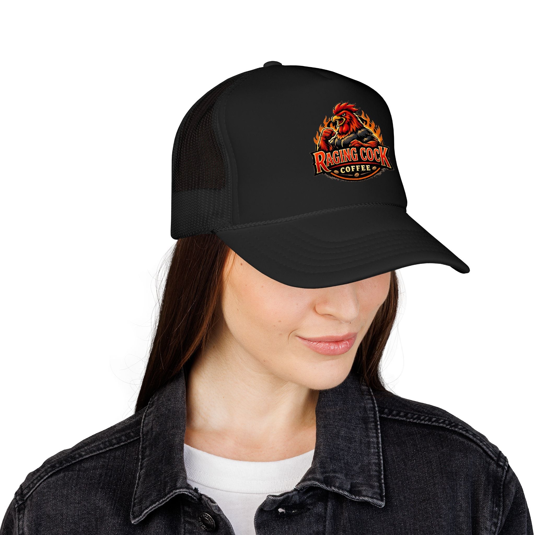 Raging Cock Coffee Trucker Hat — Vintage Rooster Café Logo Foam Cap