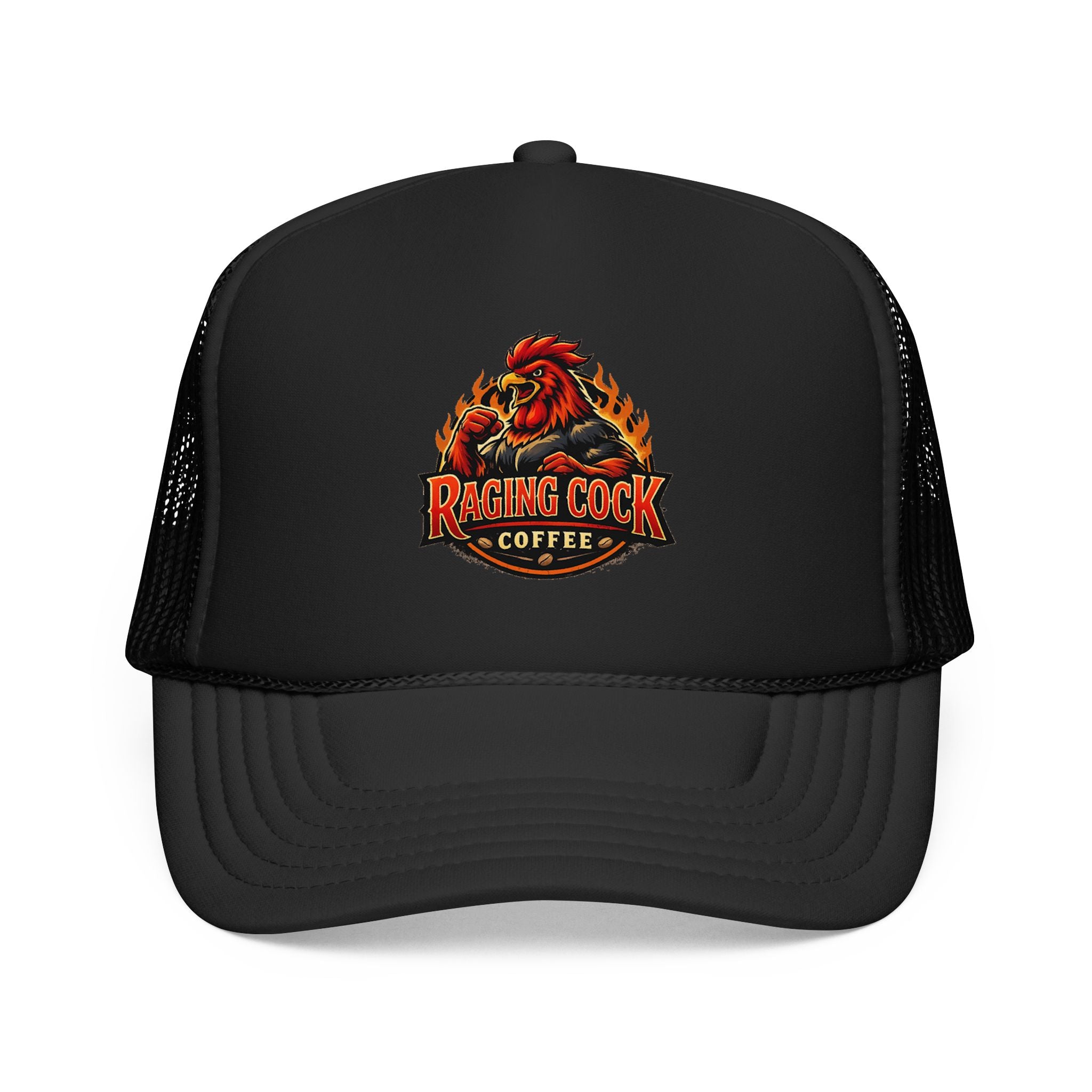 Raging Cock Coffee Trucker Hat — Vintage Rooster Café Logo Foam Cap