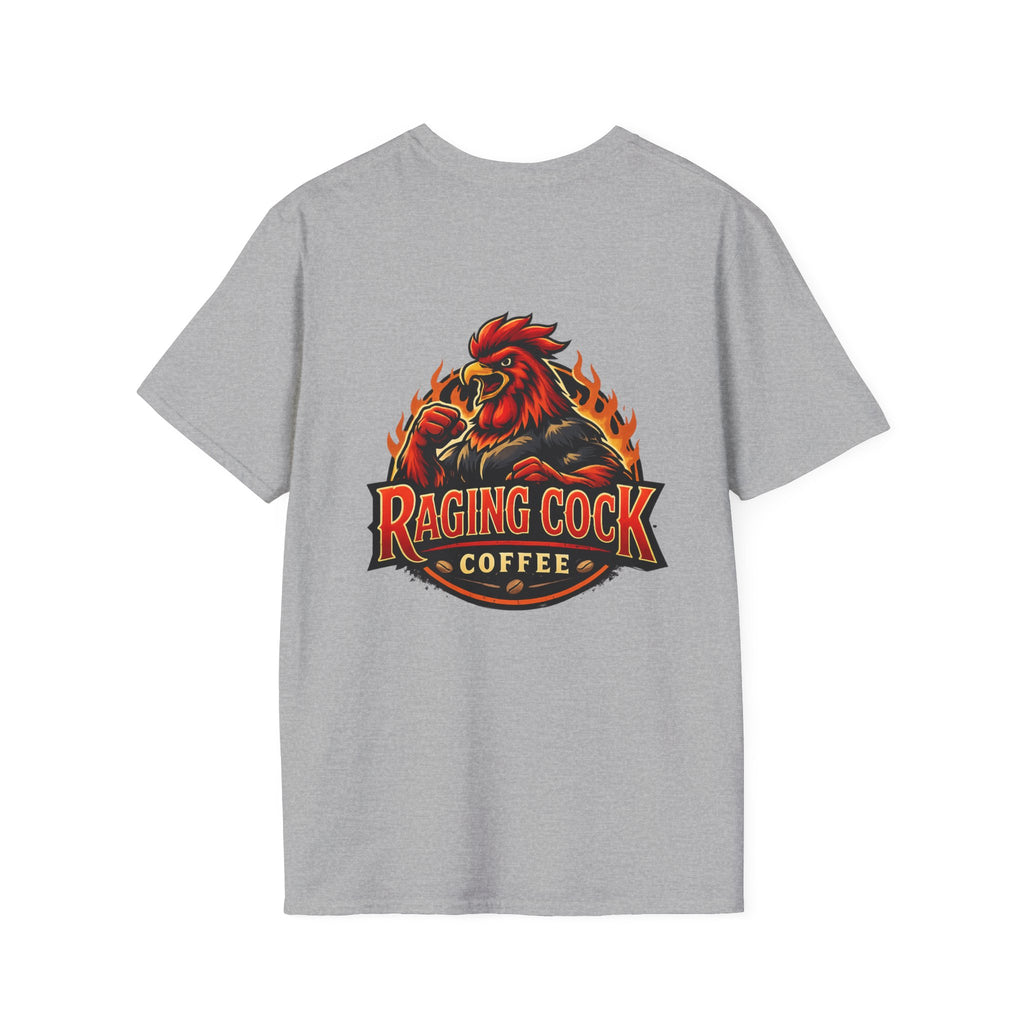 Raging Cock Coffee T-Shirt - Fiery Rooster Logo Coffee Lover Tee